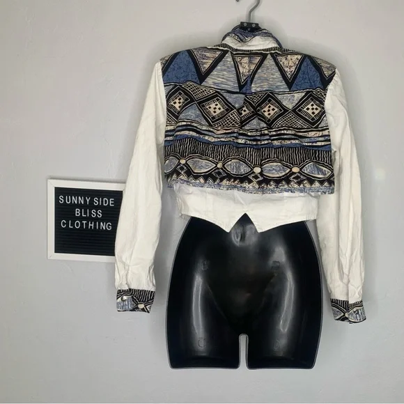 Vintage Roughrider Western Fringe Cropped Button Up Shirt Blue Black Small - Picture 8 of 14